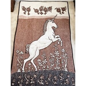 Vintage Reversible Unicorn Throw Blanket Floral Cottagecore Brown 84 x 52 Plush